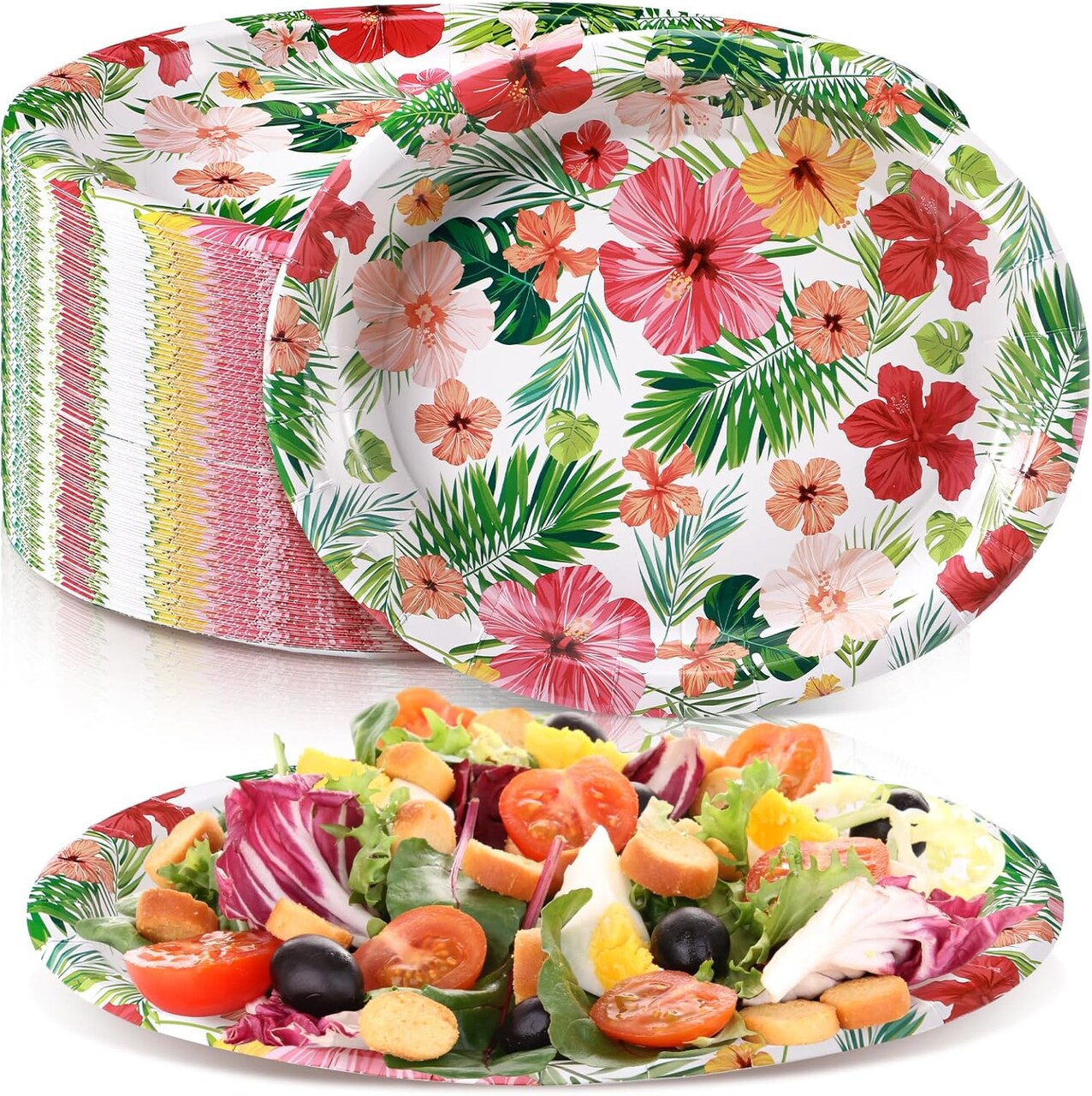 50 Pcs Hawaiian Luau Oval Paper Plates Tropical Luau 10'' x 12''